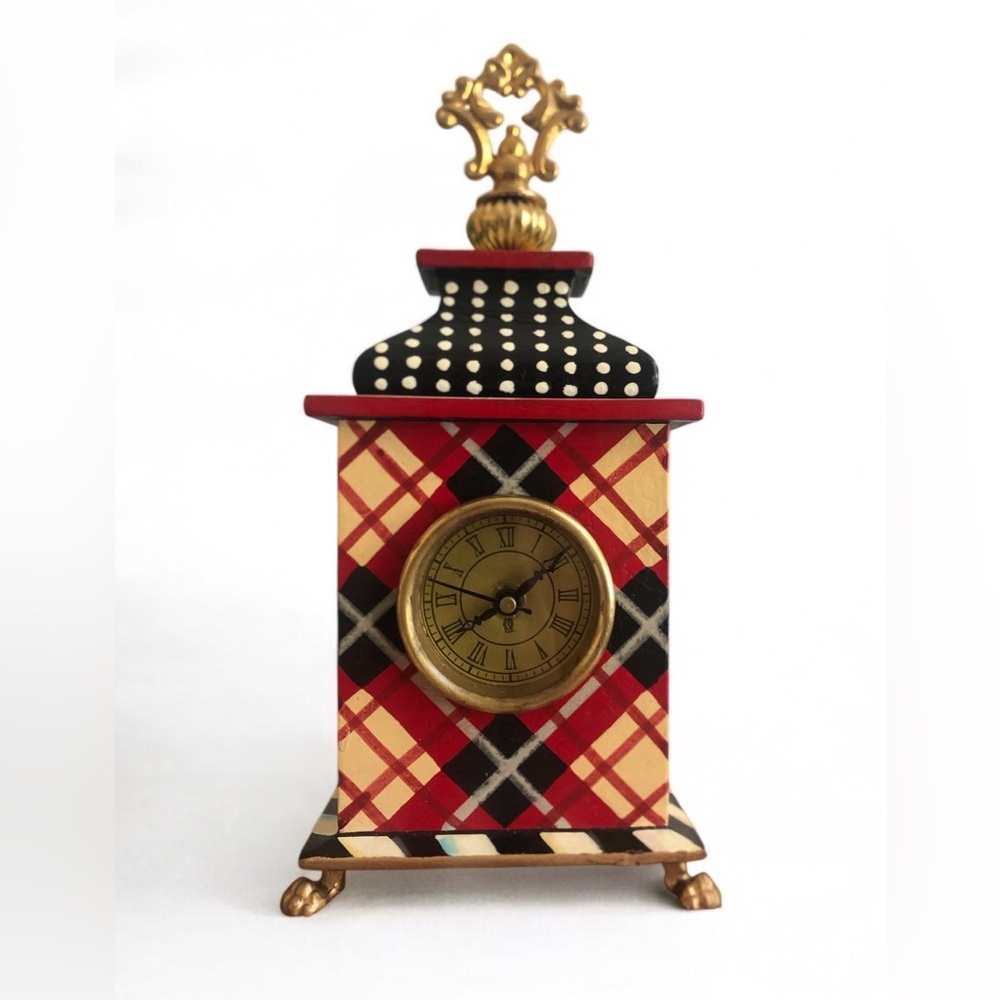 Mackenzie-Child Marylebone Carriage Red Plaid Mantel Clock with Gold Accents